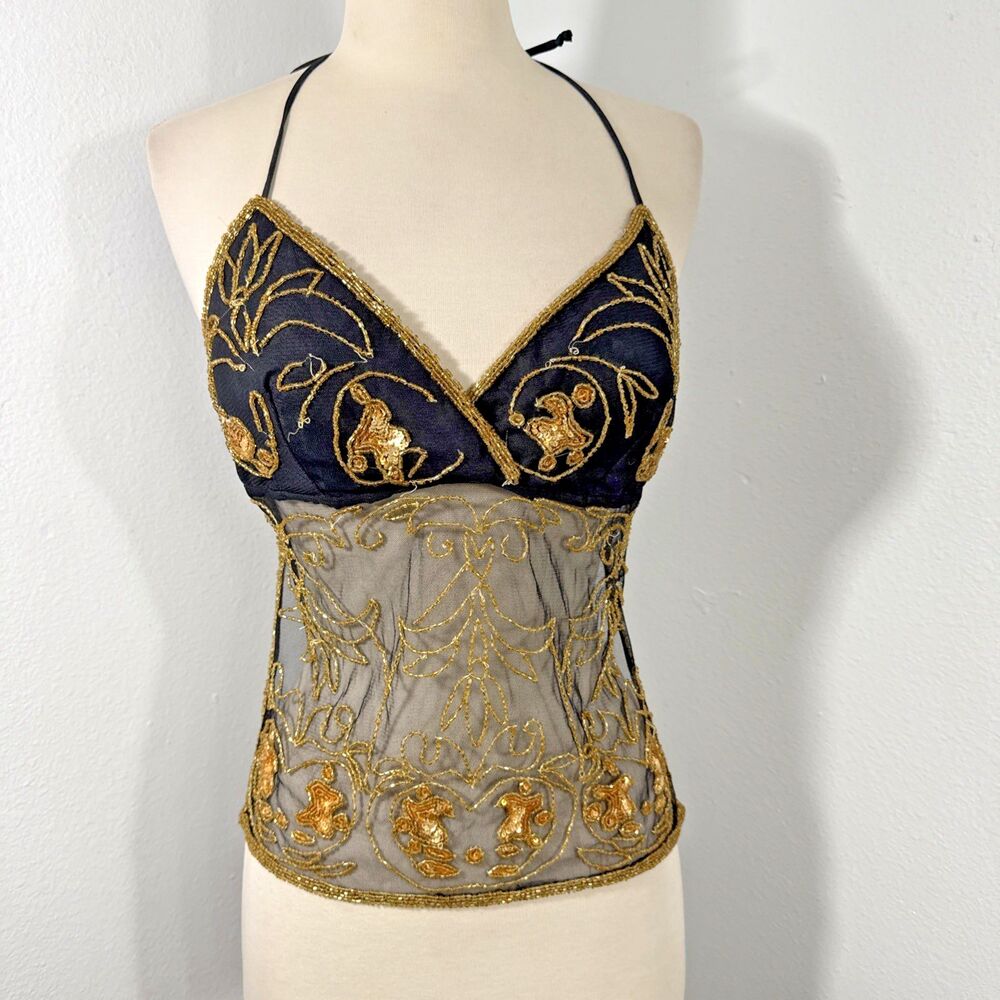 Body Central Top Women‎ L Beaded Black Gold Babydoll Halter Backless Y2K